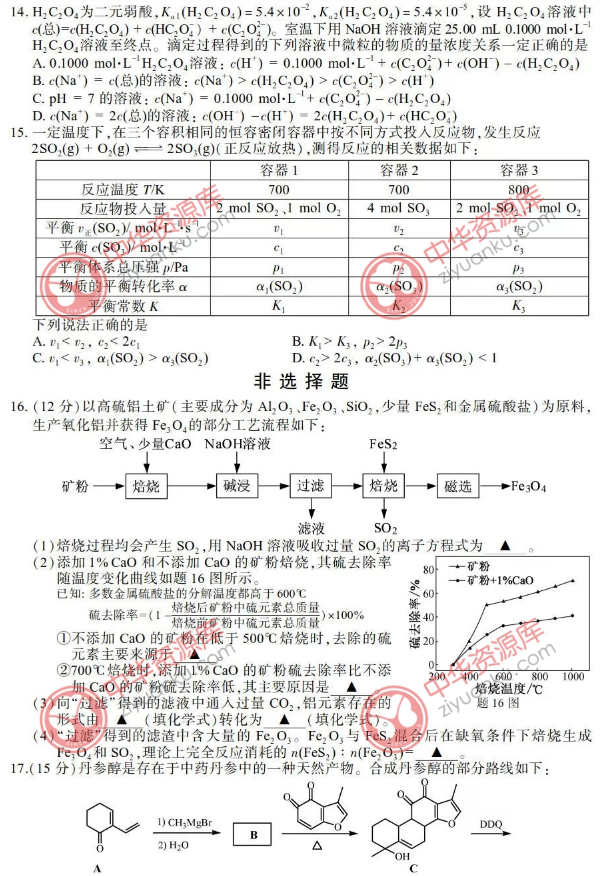 2018江苏高考化学试题原卷及答案【图片版】