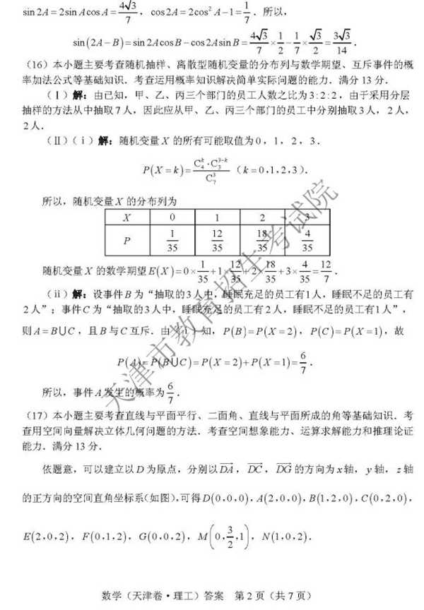 2018天津高考文科数学试题及答案【图片版】