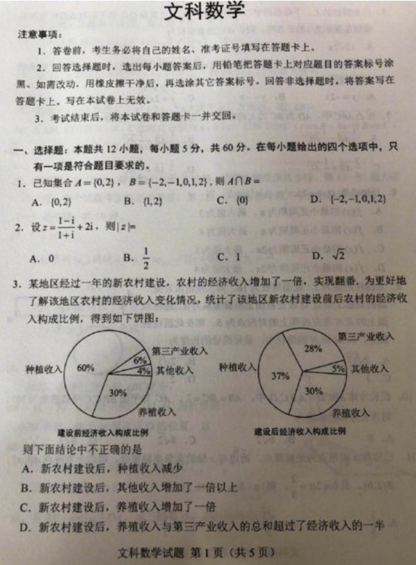 2018全国1卷高考文科数学试题【图片版】